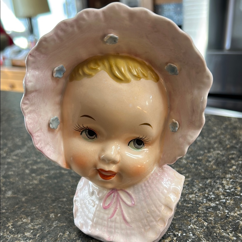 Vintage Ceramic Baby Head Vase with Pink Bonnet